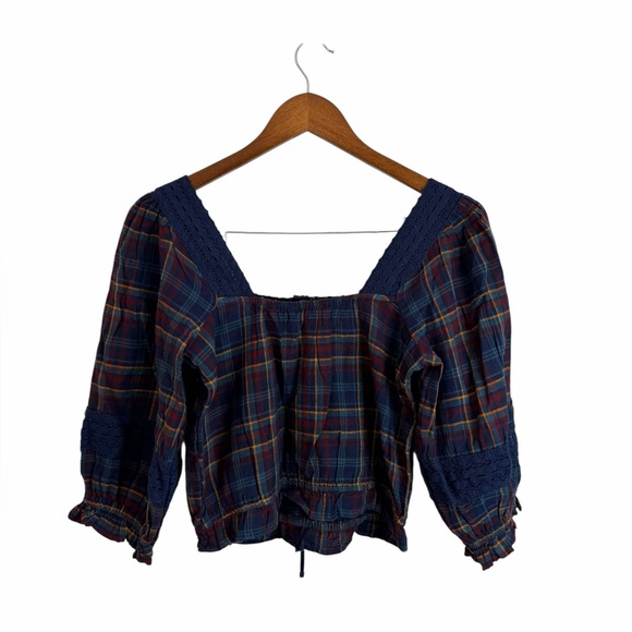 American Eagle Blue Plaid Crochet Lace Puff-Sleeve Blouse Women’s Sz Small NWT - Picture 4 of 10